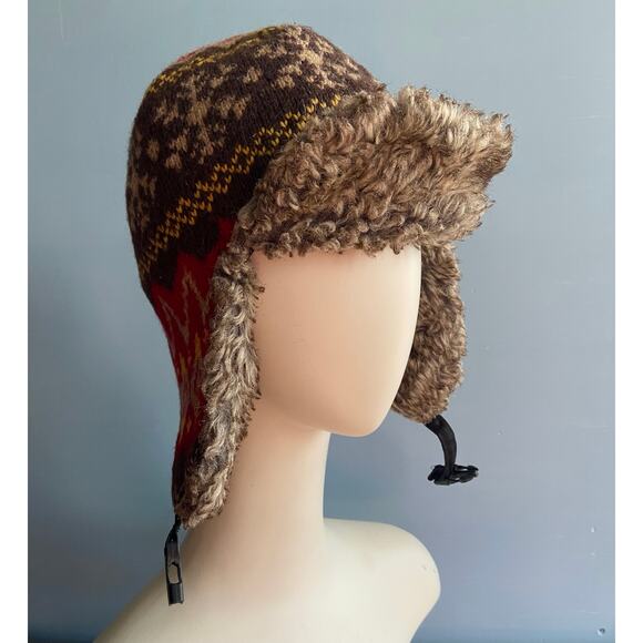 Thick Brown/Red Fleece Lined Winter Hat w/Ear Flaps sz OS (Unisex) - Picture 6 of 9